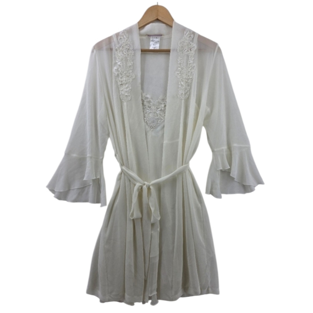Vintage California Dynasty Cream Chiffon Lace Pearl Slip & Matching Robe Set Y2K